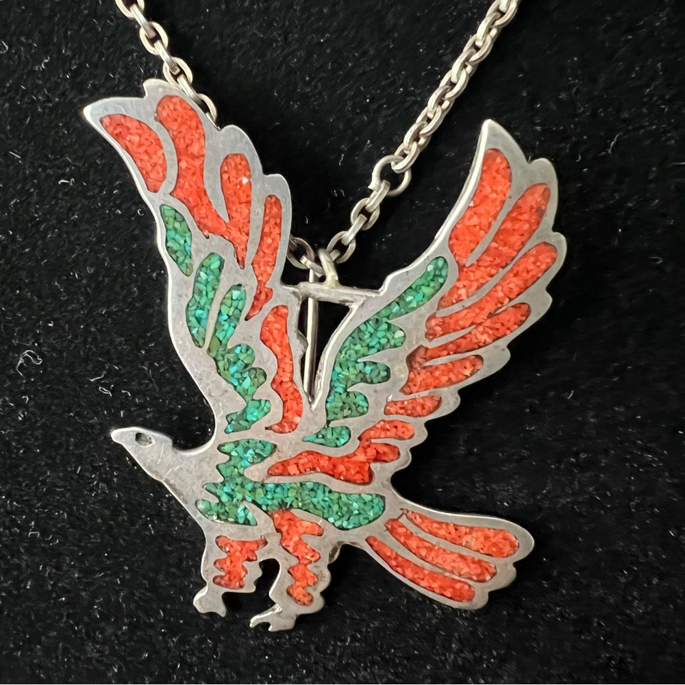 Vintage Navajo Unmarked Zuni Silver Necklace Eagle Coral And Turquoise Inlay